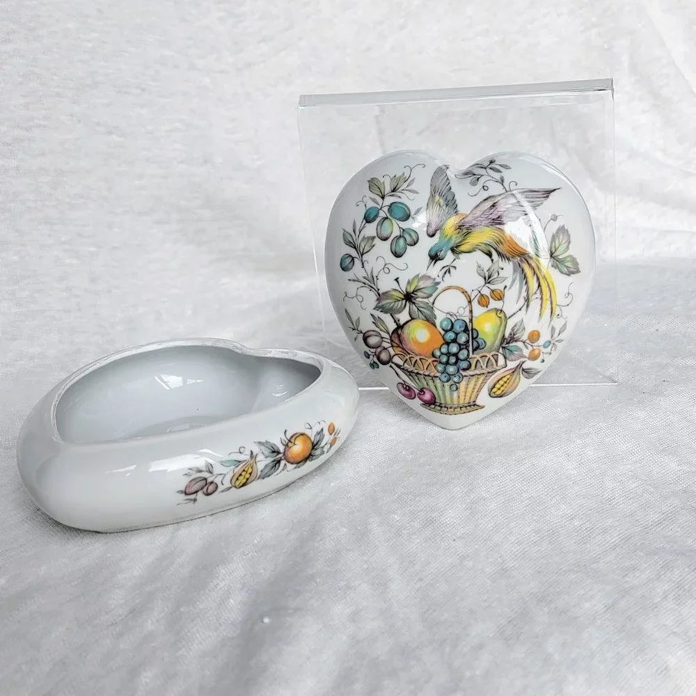RARE Vintage Porcelain Heart Shaped Trinket Box Limoges France bird basket fruit